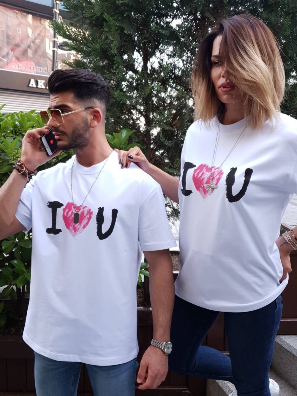 Balenciaga Unisex Short Sleeve Tee in White and Black with Pink Heart Graphic